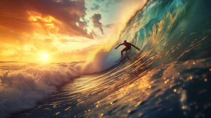 Surfing at Sunset. Young Man Riding Wave at Sunset. Outdoor Active Lifestyle - obrazy, fototapety, plakaty