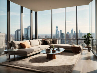 A sunlit, modern living space with large windows offering a breathtaking view of the urban skyline