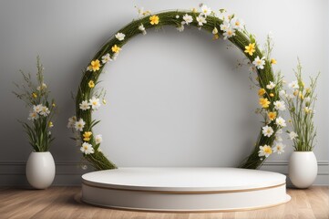 Fototapeta na wymiar Spring Display with Floral Arch and Eggs