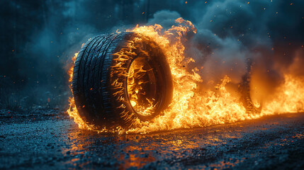 Captured The Burning Car  Motion Modern Auto Tires On Fire At High Speed