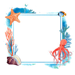 Fototapeta premium Square frame with tropical sea animals, fish, starfish, coral and octopus. Watercolor illustration with sea splashes and paint stains. For cards, posters, menus, beach and sea accessories.