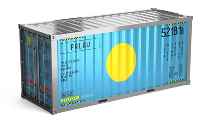 Freight shipping container with national flag of Palau on white background - 3D illustration