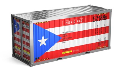Freight shipping container with national flag of Puerto Rico on white background - 3D illustration