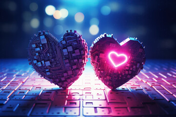 Love science demonstrated through two hearts interconnected by circuit board cyber network