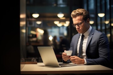 A man is sitting at a table in a coffee shop, actively using a laptop computer.