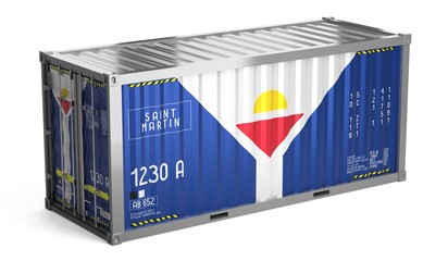 Freight shipping container with national flag of Saint Martin on white background - 3D illustration