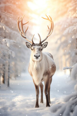 Naklejka na ściany i meble Winter Wonderland: Majestic Snowy Forest with a Magnificent Herd of Wild Reindeer