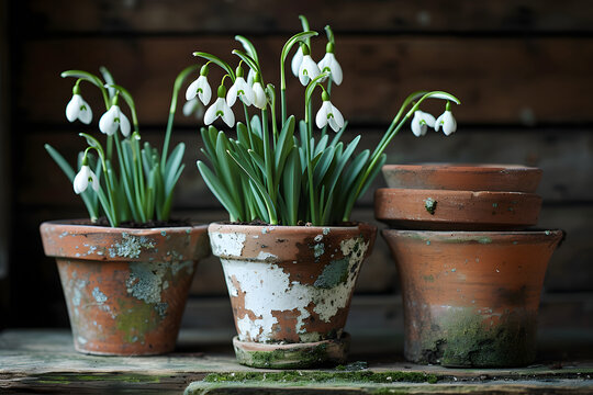 snowdrops in clay flower peas on a dark background