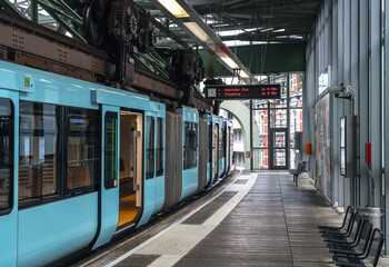 Station of Wuppertal Schwebebahn cable car (electric elevated suspension monorail). North Rhine-Westphalia, Germany