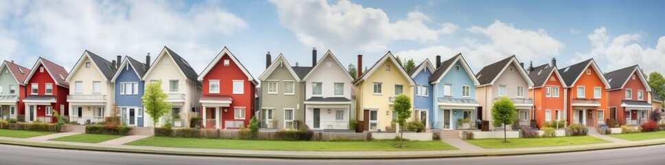 A straight row of houses, with different colored roofs, situated along the side of a busy road,...