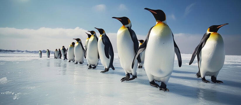 a group of king penguins walking on ice