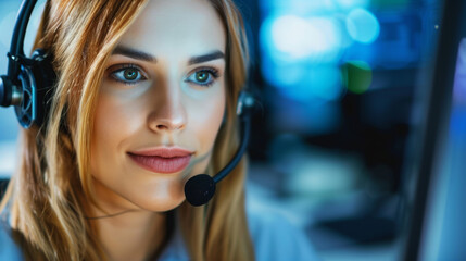 Smiling businesswoman wearing a headset in a call center office providing customer service with a friendly smile