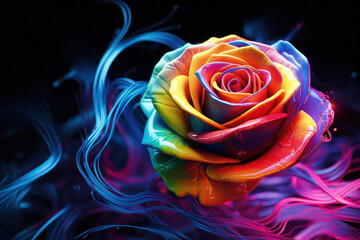 Fototapeta na wymiar Romantic Beauty of a Macro Rose Blossom in a Rainbow of Colors on a Fresh Green Background