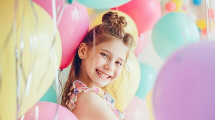 Fototapeta na wymiar Portrait of cute little girl with colorful balloons at birthday party. Party or Birthday concept with Copy Space.