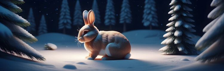 Panorama view of snow forest with one rabbit under spruce. Winter night ai generated long side scenic horizontal photography.