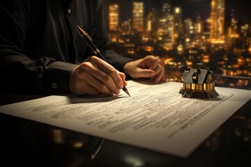 Person signing lease agreement committing to a new space with a pen and paper, home loan paperwork image - obrazy, fototapety, plakaty
