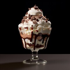 ice cream with chocolate sauce in a glass on a black background