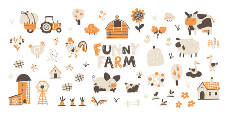 Farm cartoon collection. Vector hand-drawn characters of domestic animals, countryside, houses and sheds with tractor and garden. Trendy doodle Scandinavian style, beige gender neutral palette.