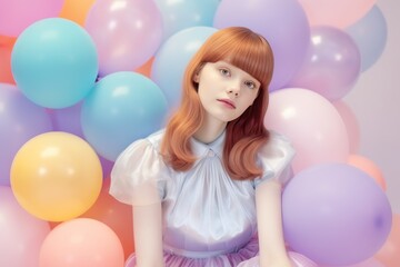 Fototapeta na wymiar Beautiful redhead girl with colorful balloons. Photo in retro style. Party or Birthday concept with Copy Space.