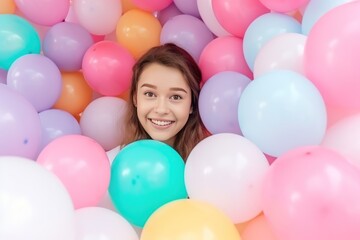Fototapeta na wymiar happy teen girl with colorful balloons, isolated on white, birthday party. Party or Birthday concept with Copy Space.