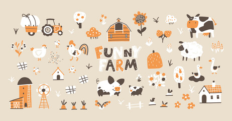 Farm cartoon collection. Vector hand-drawn characters of domestic animals, countryside, houses and sheds with tractor and garden. Trendy doodle Scandinavian style, beige gender neutral palette.
