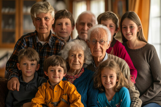 A diverse social group, including a smiling boy and girl, sit indoors with their family, showcasing their unique clothing and human faces in a heartwarming photo