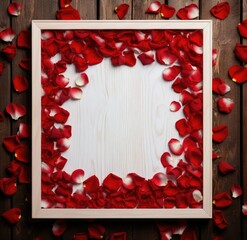 A white frame placed amidst a vibrant sea of red petals in a beautifully manicured garden.