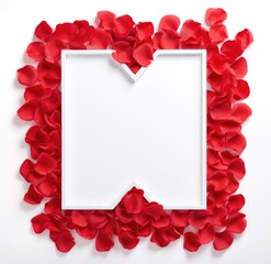 A white frame is positioned in the center of the image, with vibrant red petals scattered around it in a garden.