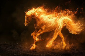 Fototapeta premium A majestic horse ignites the outdoors with its fiery mane, radiating heat and captivating all with its powerful mammalian presence