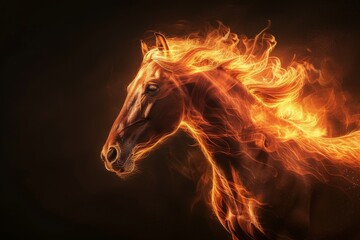 Amidst a scorching landscape, a magnificent horse gallops with fierce determination, its fiery mane and tail blazing behind it, embodying the untamed spirit of the wild