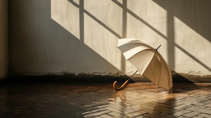 A lone white umbrella stands open against a sunlit wall with dramatic shadows