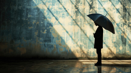 Silhouette of a person with an umbrella standing before a textured wall with light patterns
