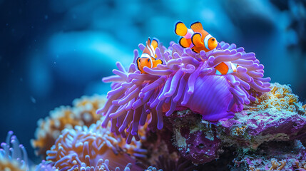 Naklejka na ściany i meble A lovely purple anemone on a coral reef