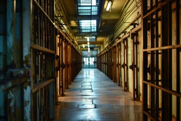 A confined space with cold metal bars and small windows, the indoor aisle evokes feelings of isolation and captivity