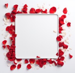 A white frame is surrounded by a vibrant mix of red and white petals.