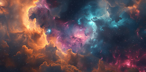 Fototapeta na wymiar Colorful space galaxy cloud nebula with fluid organic forms in light crimson and light azure. This starry night cosmos supernova background wallpaper showcases a realistic fantasy artwork.