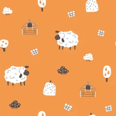 Fototapeten Farm cartoon seamless pattern. Vector funny hand-drawn characters. Cute sheep are grazing in a farm field with hay. Trendy doodle Scandinavian style, beige neutral palette. © Світлана Харчук