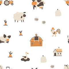 Farm cartoon seamless pattern. Vector funny hand-drawn characters of domestic animals, countryside, houses and sheds with tractor and garden. Trendy doodle Scandinavian style, beige neutral palette.