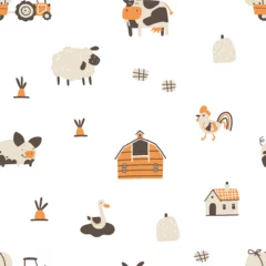 Fototapeten Farm cartoon seamless pattern. Vector funny hand-drawn characters of domestic animals, countryside, houses and sheds with tractor and garden. Trendy doodle Scandinavian style, beige neutral palette. © Світлана Харчук