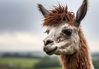 A close-up photograph showcasing the details of a llama with a cloudy sky as the backdrop. - obrazy, fototapety, plakaty