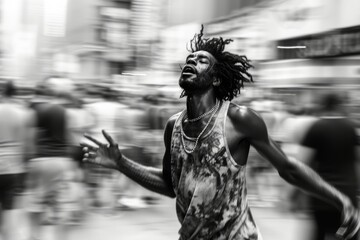 A dynamic man with dreadlocks and a black shirt stands confidently on a busy street, his monochrome outfit blending seamlessly with the urban landscape as he breaks into a captivating dance, his huma