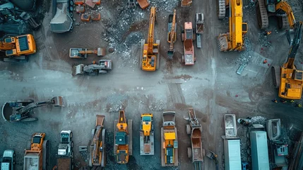 Fotobehang Machinery Power: Witness the Power of a Construction Fleet in Action, As Birds-eye View Unveils Bulldozers, Excavators, and Dump Trucks Ready to Transform the Landscape with Industrial Progress.    © Mr. Bolota