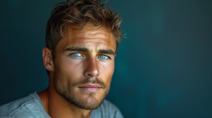 Obraz premium Stylish Man in Casual Tee Posing on Dark Turquoise Background Generative AI