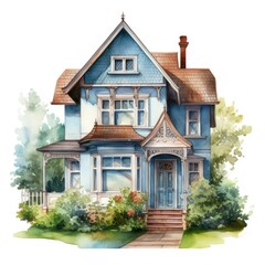 A watercolor painting displaying a blue house with precise brushstrokes and vibrant colors.