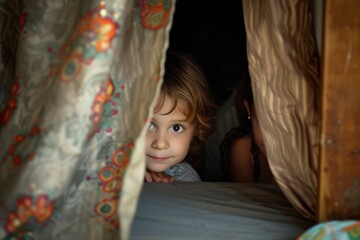 Fototapeta premium A curious toddler peeks out from behind a curtain, her face full of wonder and innocence, as she gazes at the world beyond the safety of her indoor sanctuary
