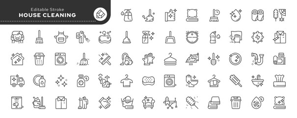 Set of line icons in linear style. Series - Home cleaning.Clean up the house. Washing floors, windows, dishes, clothes and linen.Sweeping the floor and wiping dust. Outline icon collection. Pictogram - obrazy, fototapety, plakaty