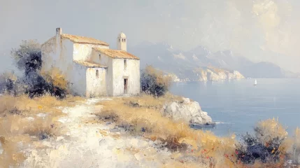  Vintage impressionist painting of an isolated chapel overlooking the sea, with sunlit cliffs and a solitary sailboat in the distance. © PhotoGranary