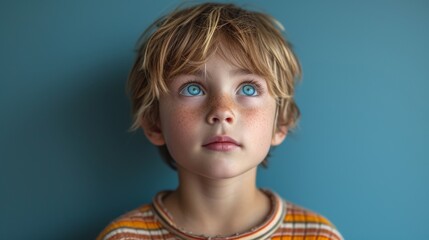 Boy with Bowl Cut in Striped Shirt, Sapphire Background Generative AI