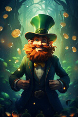 Cheerful Saint Patrick in Green Hat with Red Beard, Cartoon Style, Magic Coins, Mysterious Forest