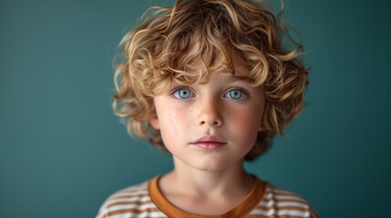 Curly-Haired Boy in Striped Shirt Poses for Office Graphy Generative AI